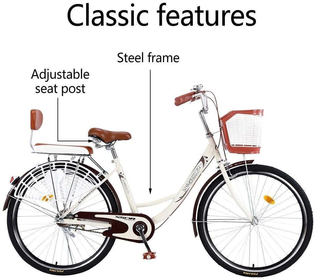 TOUNTLETS BeiWomens Beach Cruiser Bike Classic Iron Bicycle, Retro Bicycle Unique Art Deco Scooter, Womens Single Speed Comfortable Commuter Bicycles with Basket and Seat