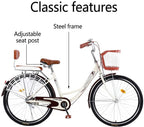 TOUNTLETS BeiWomens Beach Cruiser Bike Classic Iron Bicycle, Retro Bicycle Unique Art Deco Scooter, Womens Single Speed Comfortable Commuter Bicycles with Basket and Seat