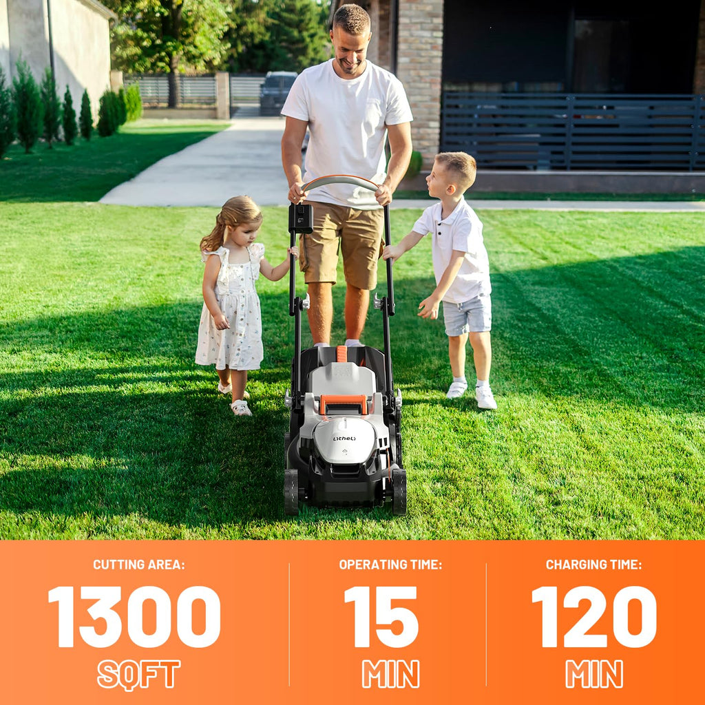 Electric Lawn Mower Cordless,Grass Cutter Machine for 1600 Sq.Ft. Lawnmower with Motor,13 in Cutting Width,8 Gallon Capacity,Cutting Height from 1 to 2.5 in（ 4.0 Battery）
