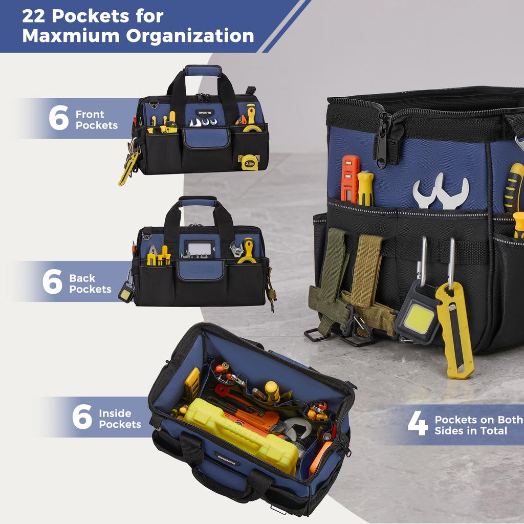 16-Inch Heavy Duty Tool Bag, 22 Pockets Empty Tool Box Organizer Storage, Soft Tote Toolbox Organization Portable Handle Carrying Work Toolbag for Electrician Mechanic, Dad Men Gifts, Blue