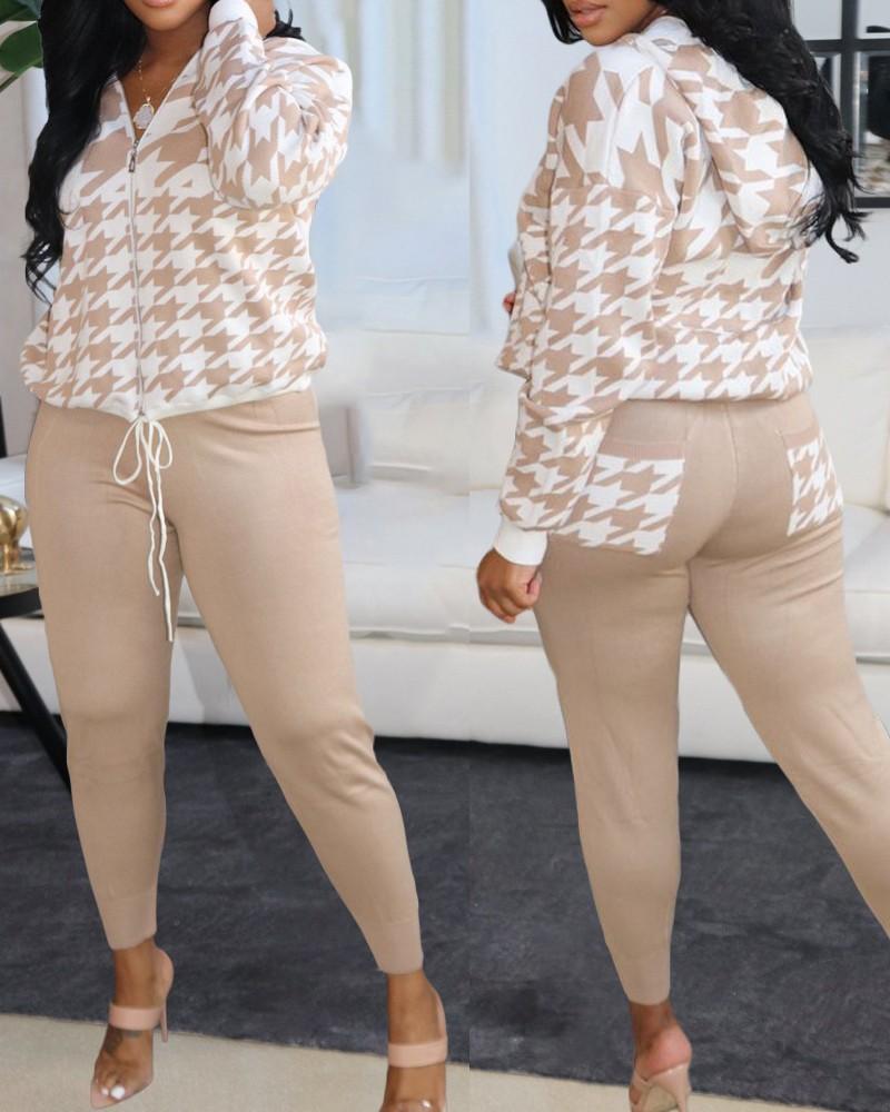 houndstooth drawstring zip up hooded top &amp; pants set