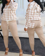 houndstooth drawstring zip up hooded top &amp; pants set