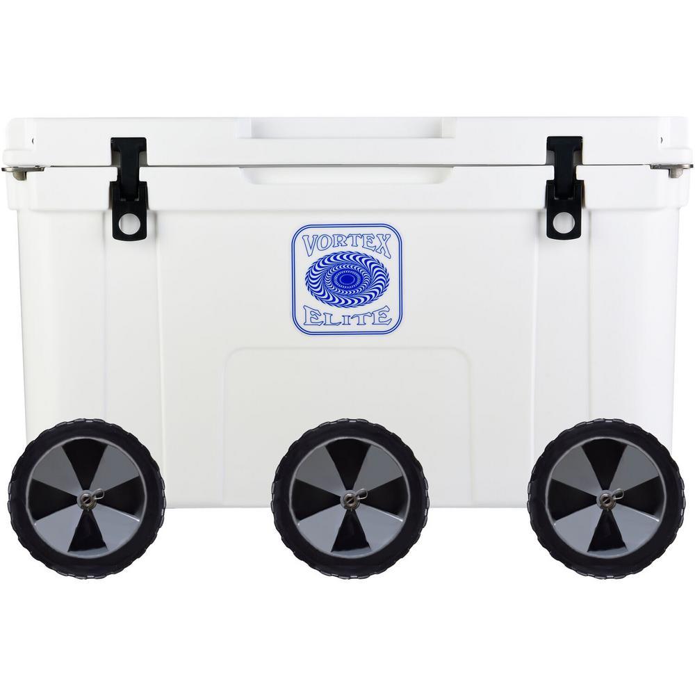 Elite 78 Qt. Rotational-Molded Customizable Cooler System with 3 Sets of Beach Wheels in White