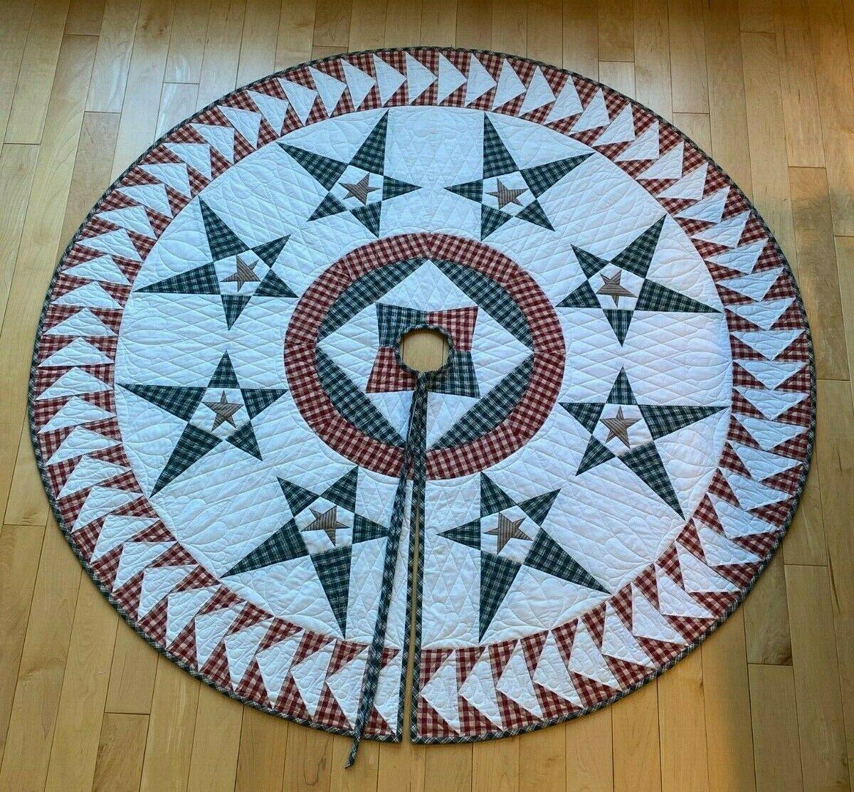Star Christmas Tree Skirt Homespun Cotton Fabric  Quilted Quilt 58 1/2"