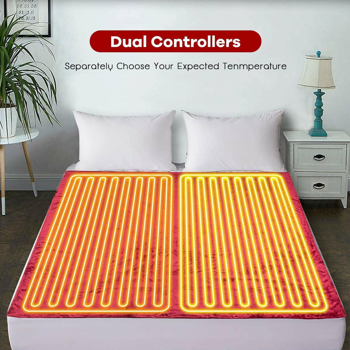 84" x 90" Flannel Heated Blanket Electric Throw w/ Dual Controllers
