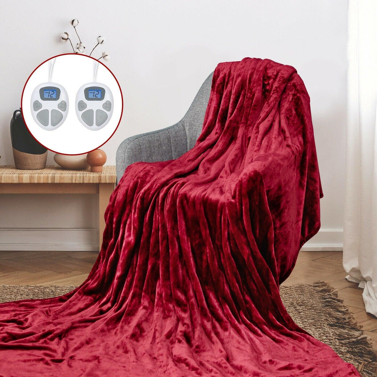 84" x 90" Flannel Heated Blanket Electric Throw w/ Dual Controllers