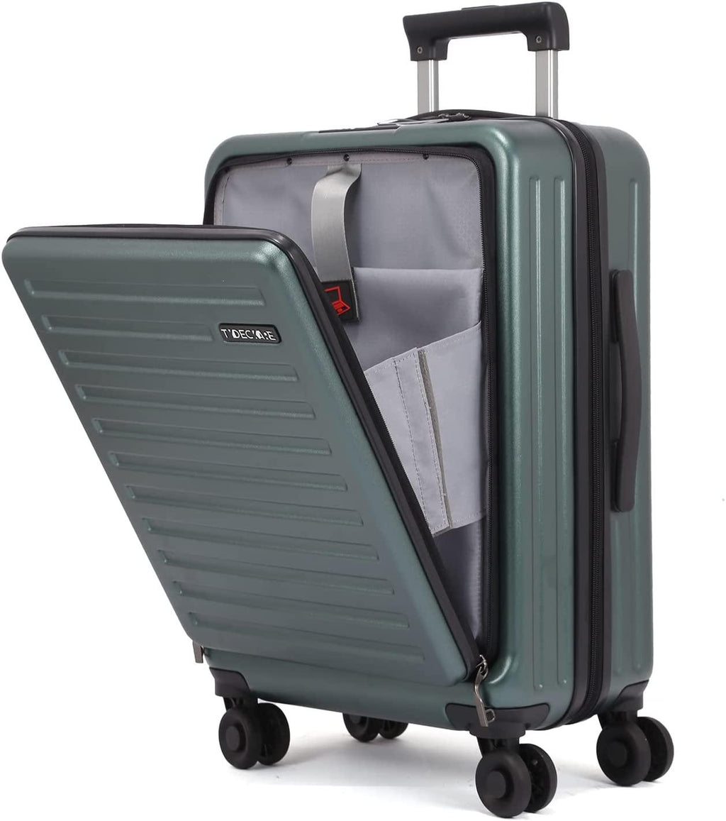 20 Inch 45L, Carrry On Luggage with Front Zipper Pocket, ABS+PC Lightweight Hardshell Suitcase with Spinner Silent Wheels &amp; TSA Lock, Convenient for Business Trips, Dark Green