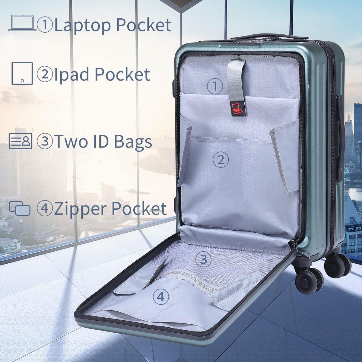 20 Inch Carrry On Luggage with Front Zipper Pocket, 45L, Lightweight ABS+PC Hardshell Suitcase with TSA Lock &amp; Spinner Silent Wheels, Convenient for Business Trips, Dark Green