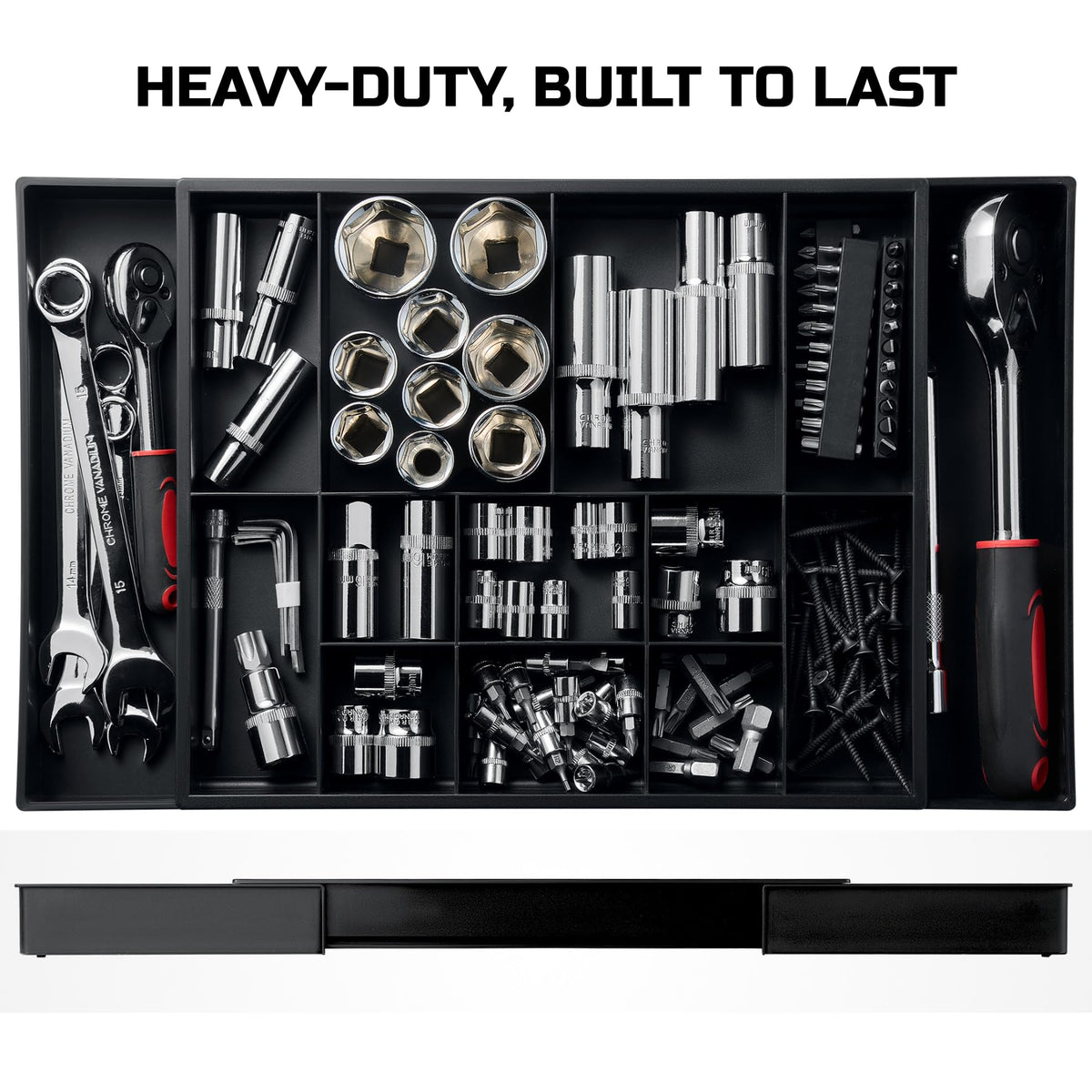 Tool Box Organizer Tray Divider Set, Expandable LarToolbox StoraTray Kit, Rolling Tool Chest Drawer Bins, Hardware Screwdrivers Pliers Organization, 2pcs low profile Trays.