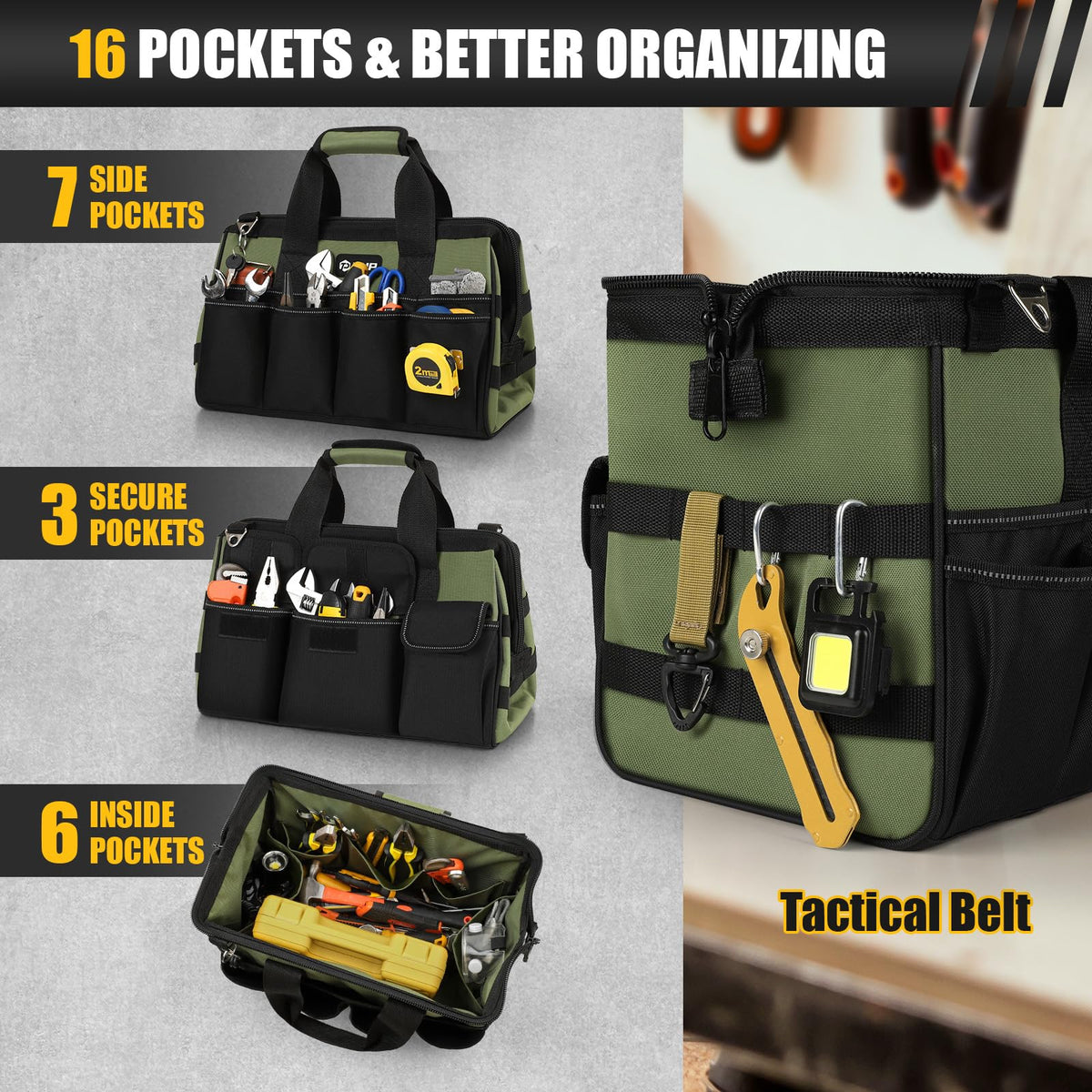 Heavy Duty Tool Bag 15-Inch, 16-Pocket Portable Empty Tool Box Organizer, Big StoraToolbox Organization, Soft Handle LarZipper Carrying Toolbag, Father Day Gifts for Him Dad Men, Green