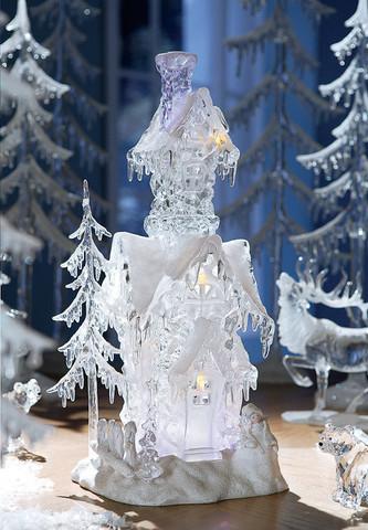 Set of 2 Clear Icy Illuminated Christmas Snow Houses 17.5"