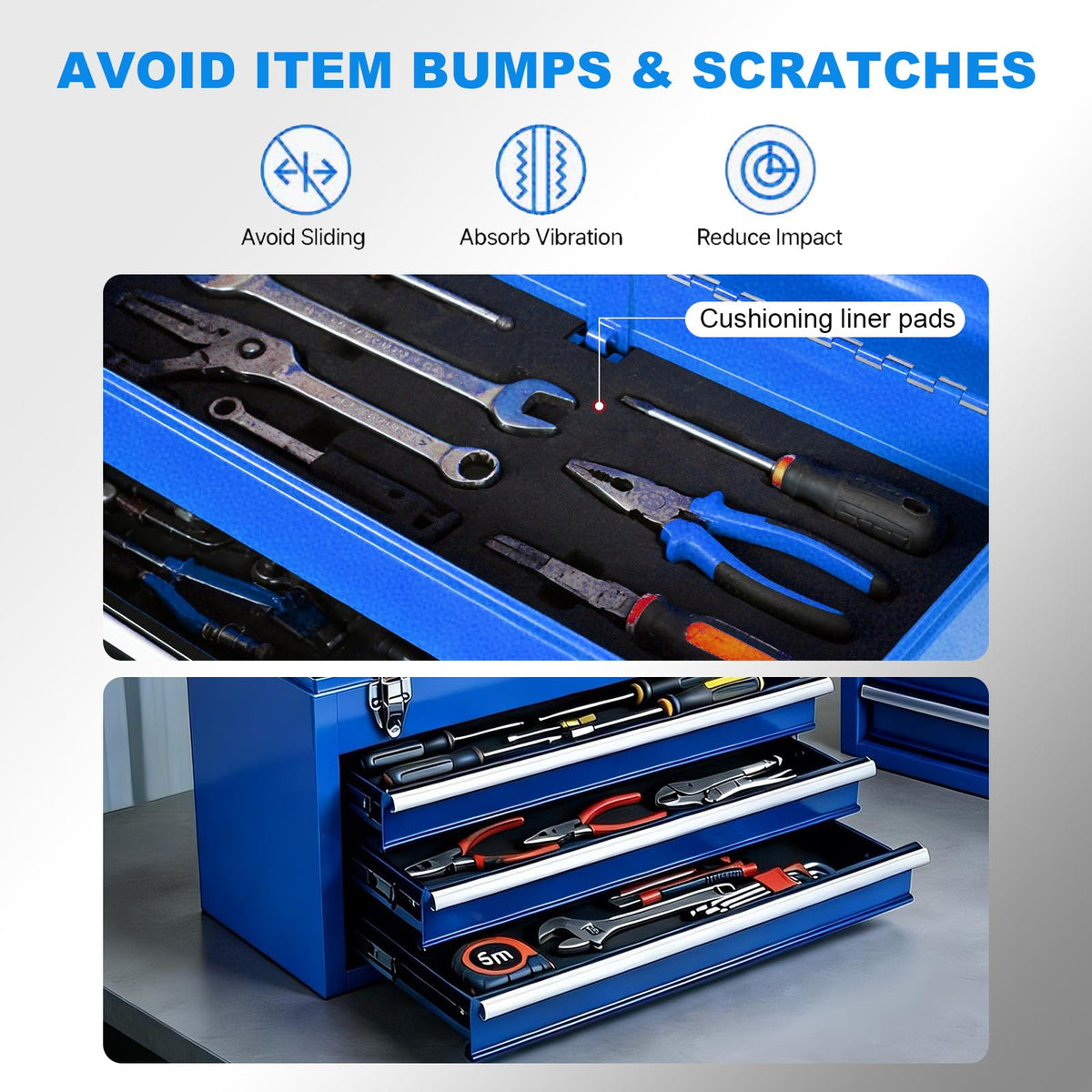 ANTBD133-XU  3 Drawer 20.5" Portable Metal Tool Box: Ball-Bearing Slides and 2 Metal Latches for Secure Closure in Garage, Home or Workbench, Blue