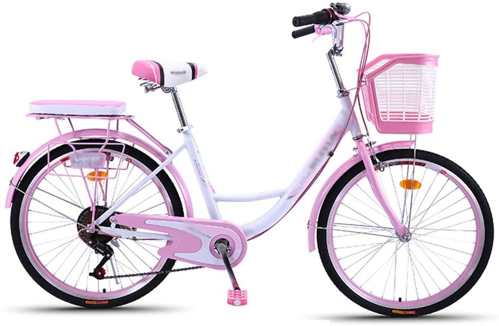 JUCAI Classic Women's Beach Cruiser Bicycle, Comfortable Commuter Bicycle High-Carbon Steel Frame Front Basket 26-Inch Wheels Multiple Colors,Pink
