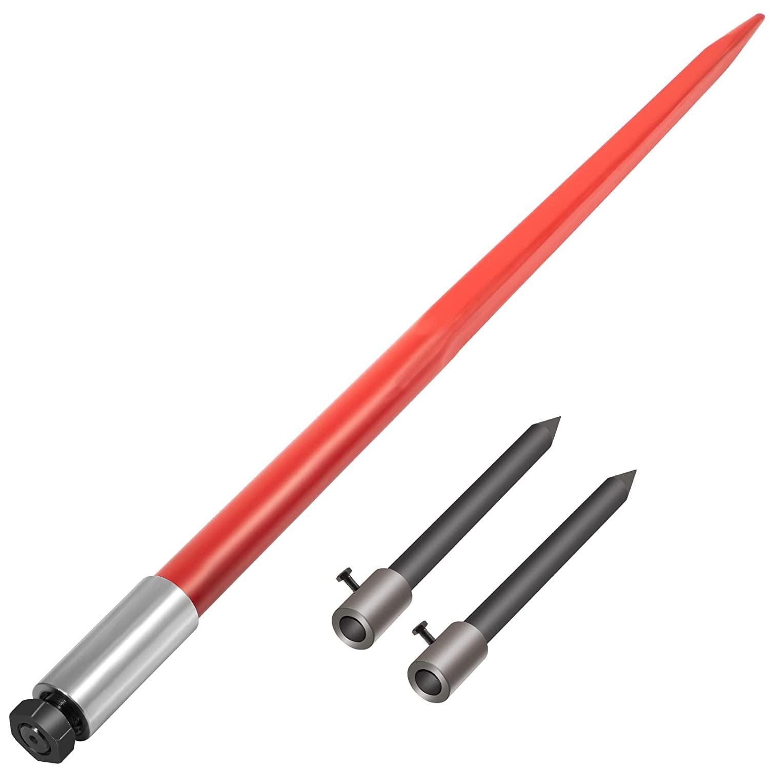 mophorn hay spear 49" bale spear 3000 lbs capacity, bale spike quick attach square hay bale spears 1 3/4" wide, red coated bale forks, bale hay spike with hex nut &amp; sleeve with 2 stabilizer spears