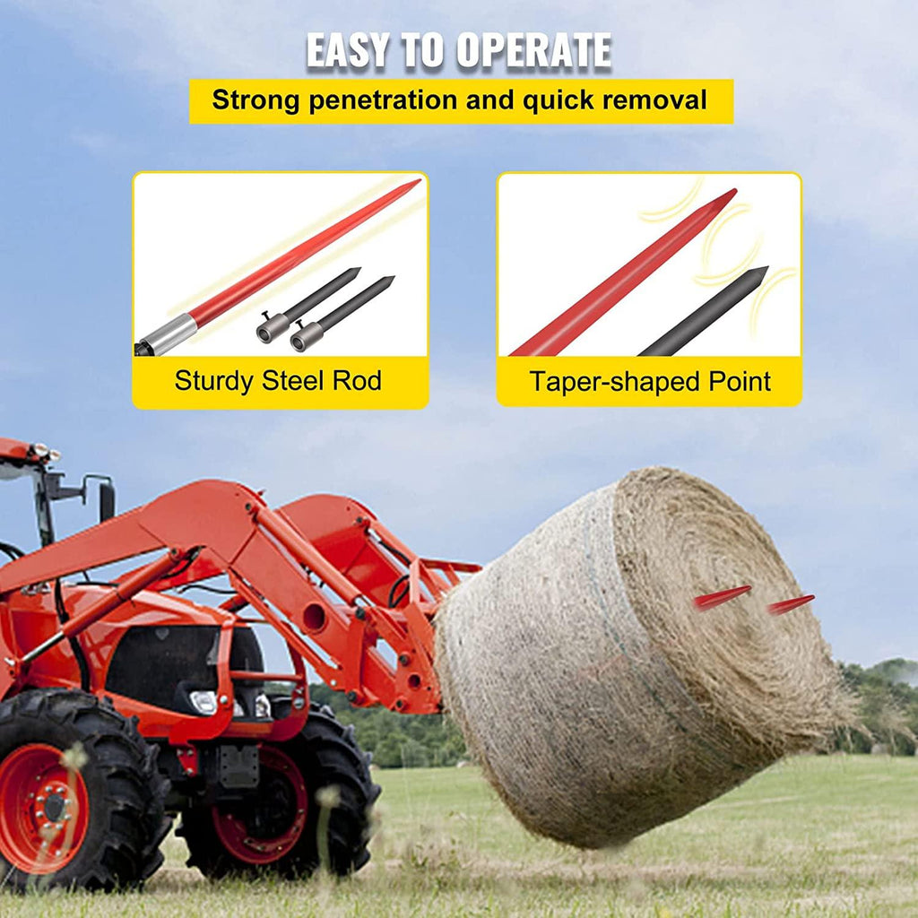 mophorn hay spear 49" bale spear 3000 lbs capacity, bale spike quick attach square hay bale spears 1 3/4" wide, red coated bale forks, bale hay spike with hex nut &amp; sleeve with 2 stabilizer spears