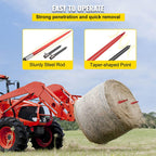 mophorn hay spear 49" bale spear 3000 lbs capacity, bale spike quick attach square hay bale spears 1 3/4" wide, red coated bale forks, bale hay spike with hex nut &amp; sleeve with 2 stabilizer spears