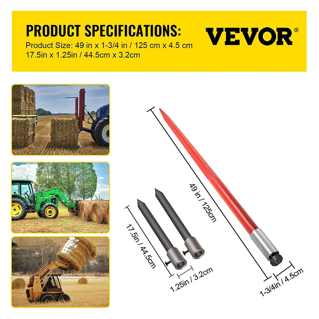 mophorn hay spear 49" bale spear 3000 lbs capacity, bale spike quick attach square hay bale spears 1 3/4" wide, red coated bale forks, bale hay spike with hex nut &amp; sleeve with 2 stabilizer spears