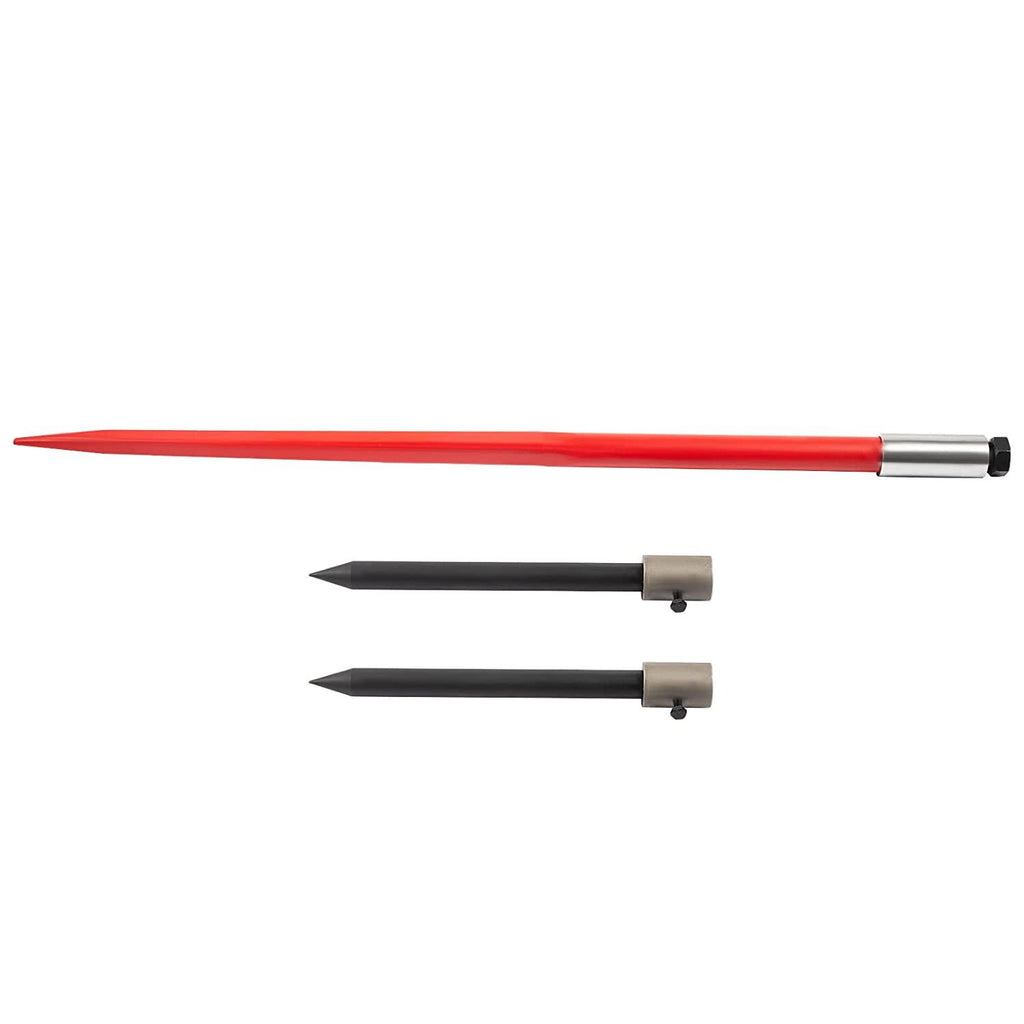 mophorn hay spear 49" bale spear 3000 lbs capacity, bale spike quick attach square hay bale spears 1 3/4" wide, red coated bale forks, bale hay spike with hex nut &amp; sleeve with 2 stabilizer spears
