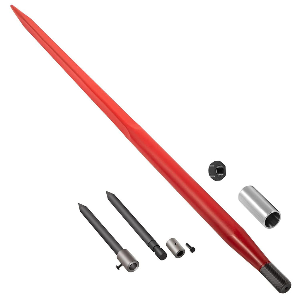mophorn hay spear 49" bale spear 3000 lbs capacity, bale spike quick attach square hay bale spears 1 3/4" wide, red coated bale forks, bale hay spike with hex nut &amp; sleeve with 2 stabilizer spears