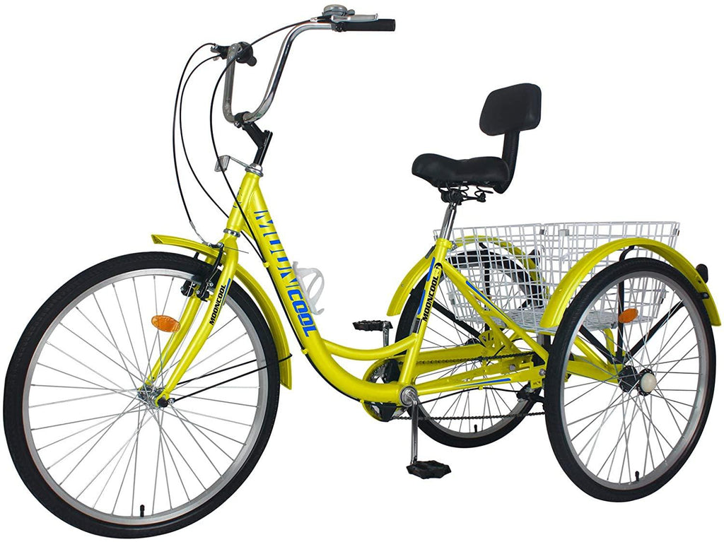 Docred Adult Tricycle 7 Speed Three Wheel Bike 24 inch Seat Adjustable Trike with Bell Brake System and Basket Cruiser Bicycles LarSize for Shopping Exercise (yellow ,24inch /7-speed)