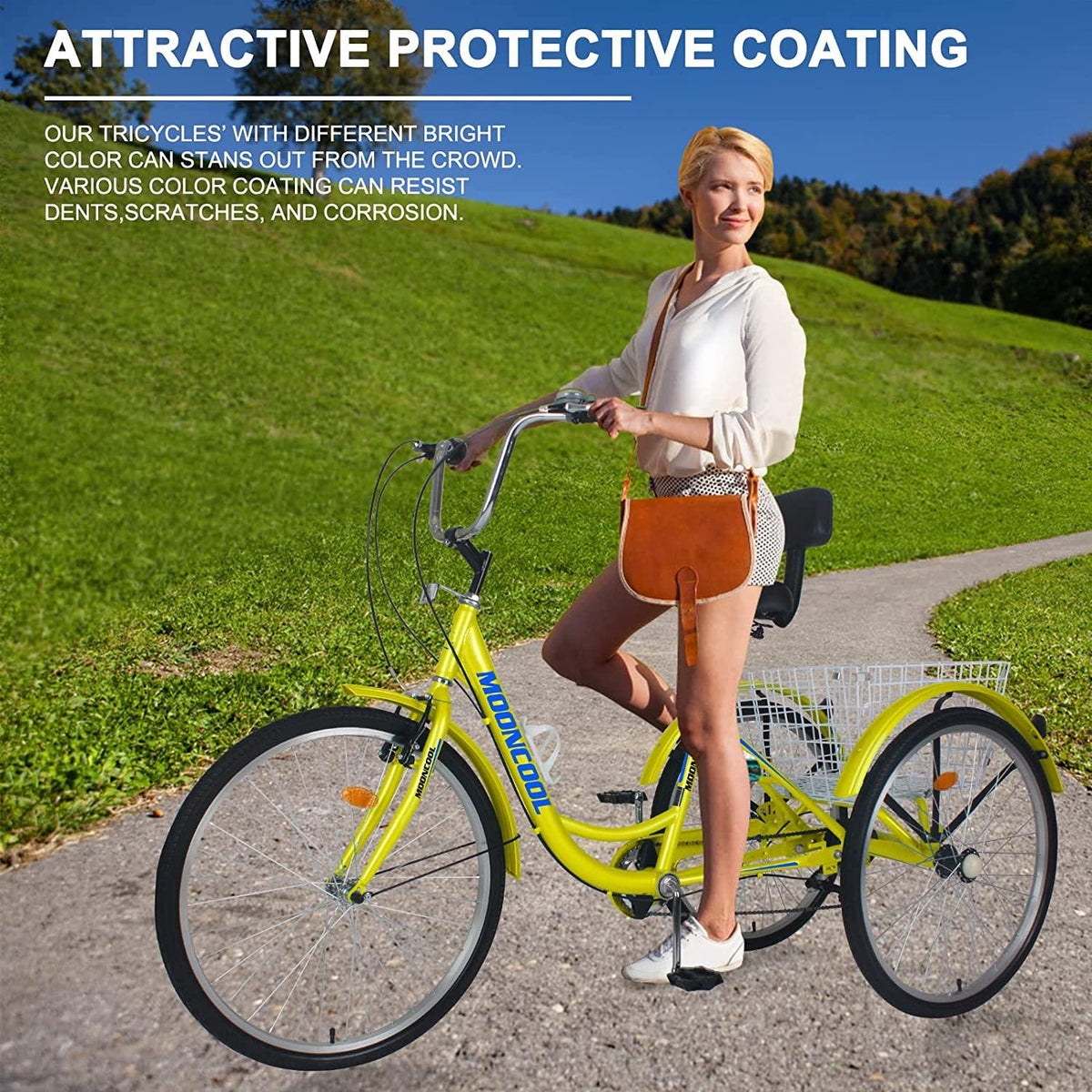 Docred Adult Tricycle 7 Speed Three Wheel Bike 24 inch Seat Adjustable Trike with Bell Brake System and Basket Cruiser Bicycles LarSize for Shopping Exercise (yellow ,24inch /7-speed)