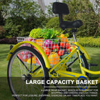 Docred Adult Tricycle 7 Speed Three Wheel Bike 24 inch Seat Adjustable Trike with Bell Brake System and Basket Cruiser Bicycles LarSize for Shopping Exercise (yellow ,24inch /7-speed)