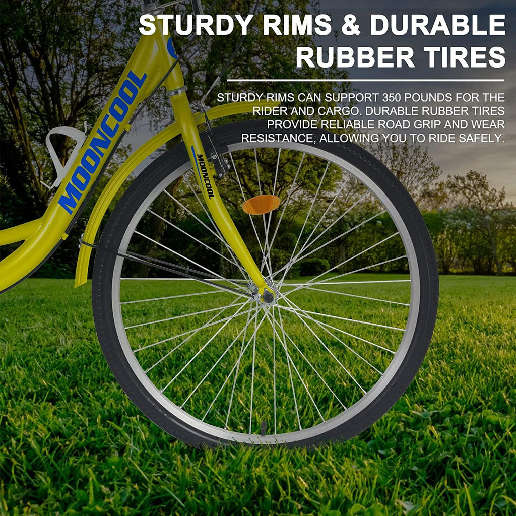 Docred Adult Tricycle 7 Speed Three Wheel Bike 24 inch Seat Adjustable Trike with Bell Brake System and Basket Cruiser Bicycles LarSize for Shopping Exercise (yellow ,24inch /7-speed)