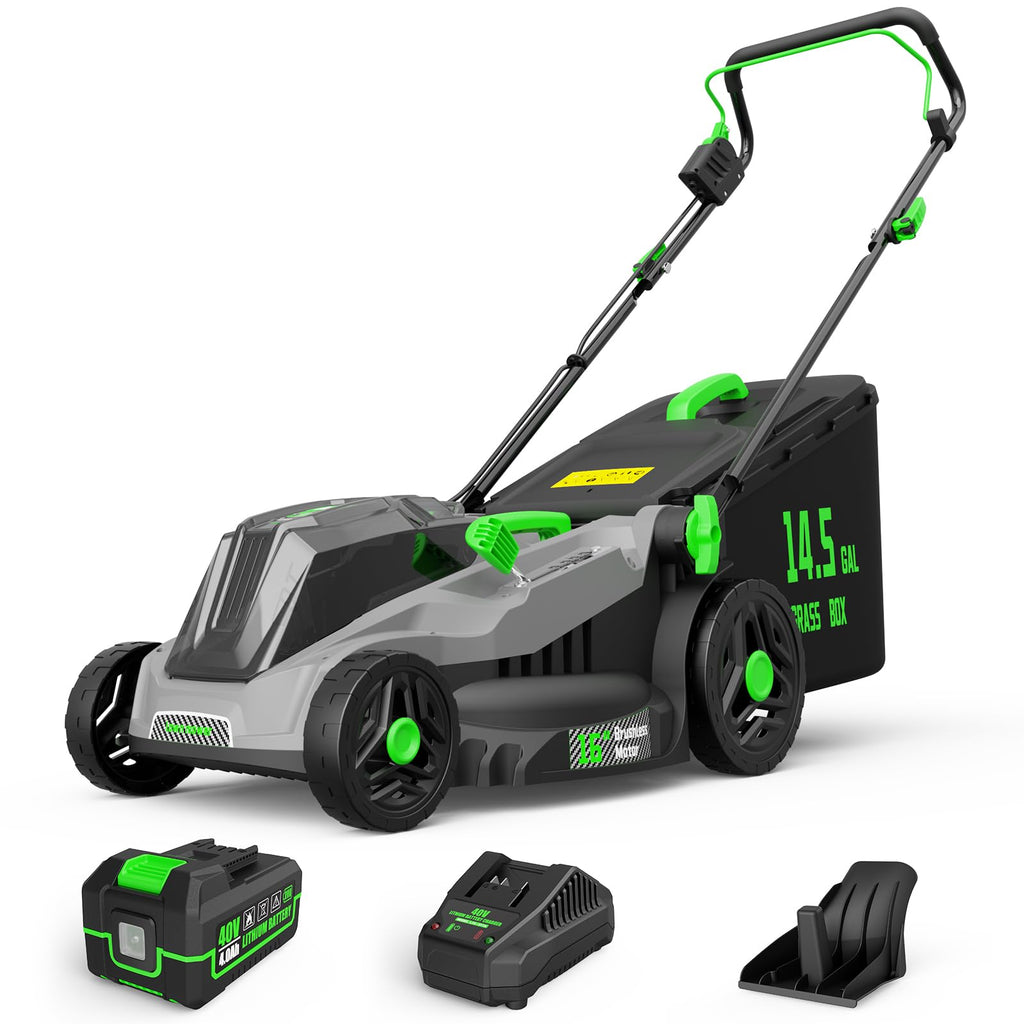40V Cordless Lawn Mower, 16-Inch Brushless Electric Push Mower with 4.0Ah Battery &amp; Charger, 2-in-1 Mulching and Bagging, 5-Position Height Adjustment, Lightweight Foldable , Green
