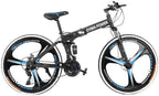 26in Folding Mountain Bike 21 Speed Full Suspension MTB Bikes High Carbon Steel Frame Disc Brakes Lightweight Black