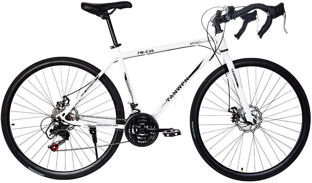 LYBOHO Lightweight Aluminum Road Bike - 700c Wheels Mountain Road Bike Begasso Simanos Aluminum Frame Full Suspension, 21 Speed Disc Brakes Mens/Womens Fashionable Road Bicycles (White,US Stock)