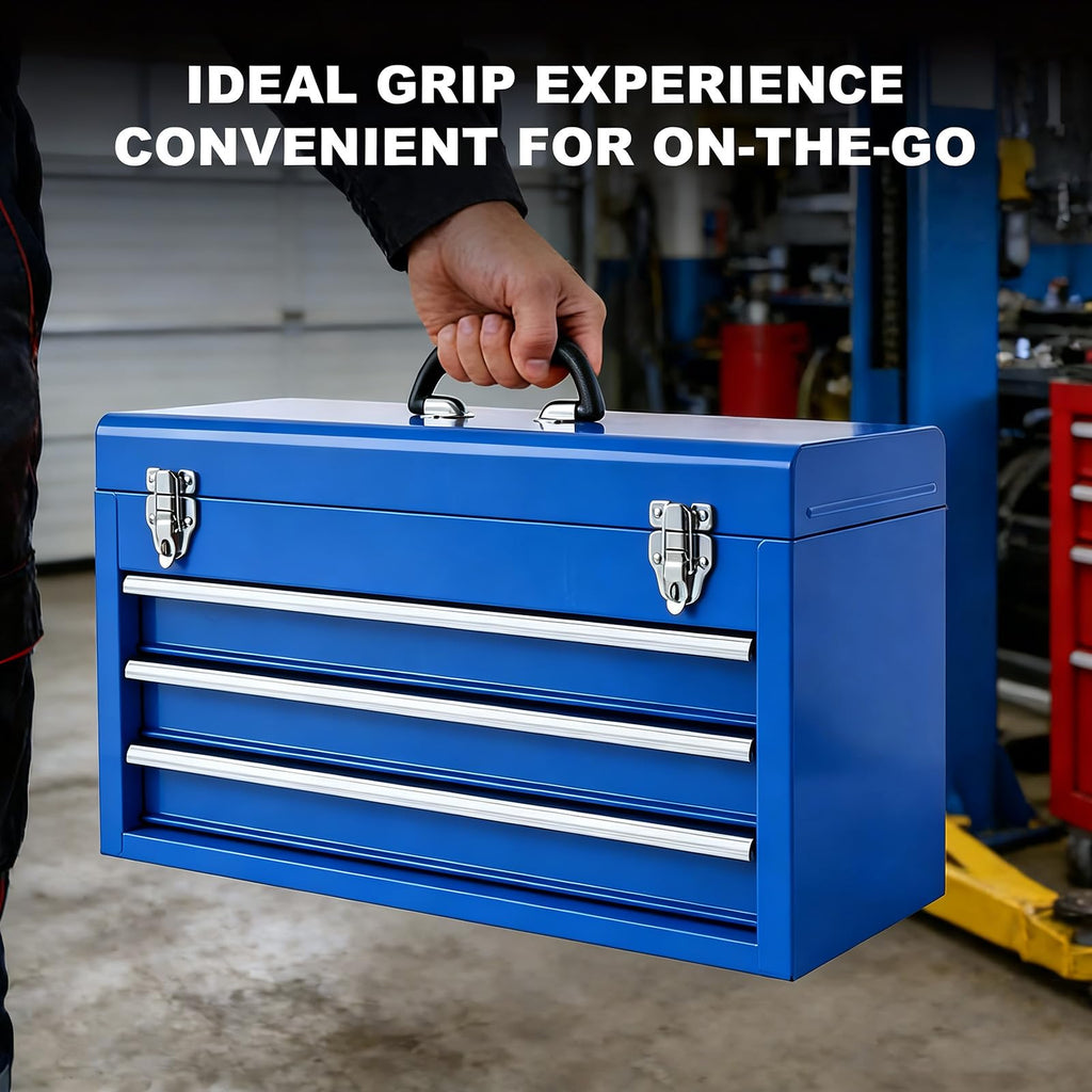 ANTBD133-XU  3 Drawer 20.5" Portable Metal Tool Box: Ball-Bearing Slides and 2 Metal Latches for Secure Closure in Garage, Home or Workbench, Blue