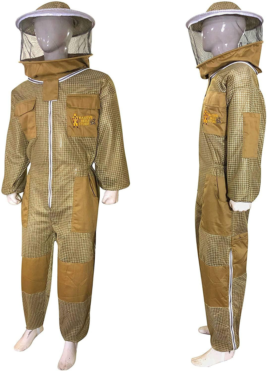 massive bee store beekeeping three layer fully ventilated suit with different option of veil fencing veil or round veil and suit colors (l, khaki round veil)