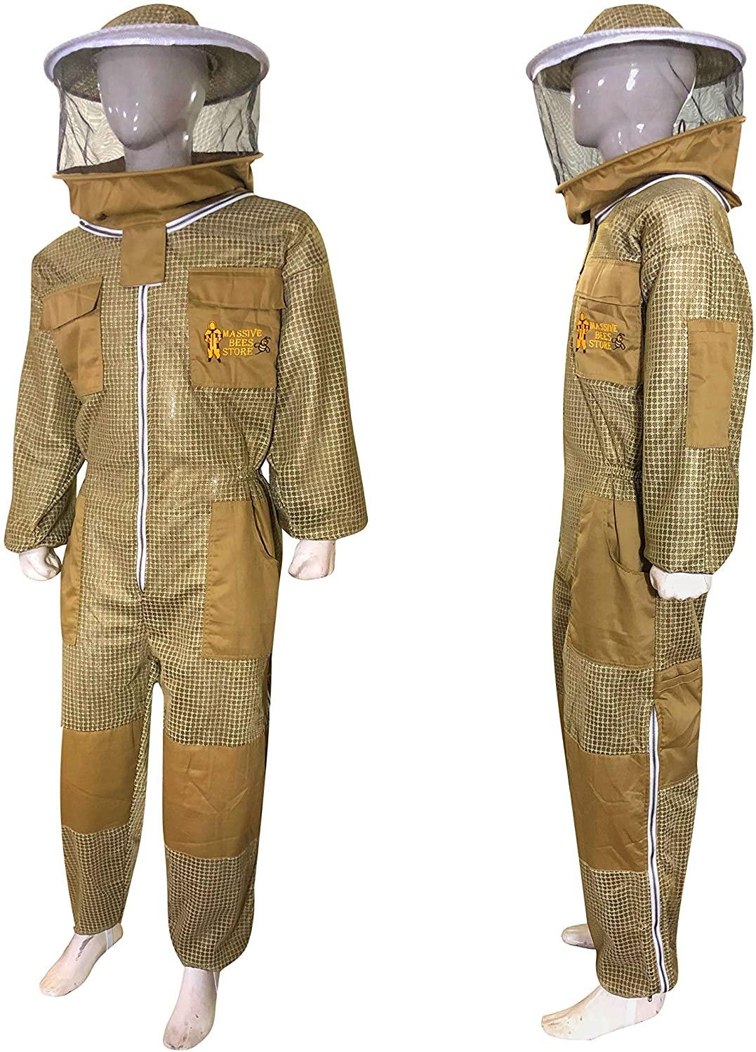 massive bee store beekeeping three layer fully ventilated suit with different option of veil fencing veil or round veil and suit colors (l, khaki round veil)