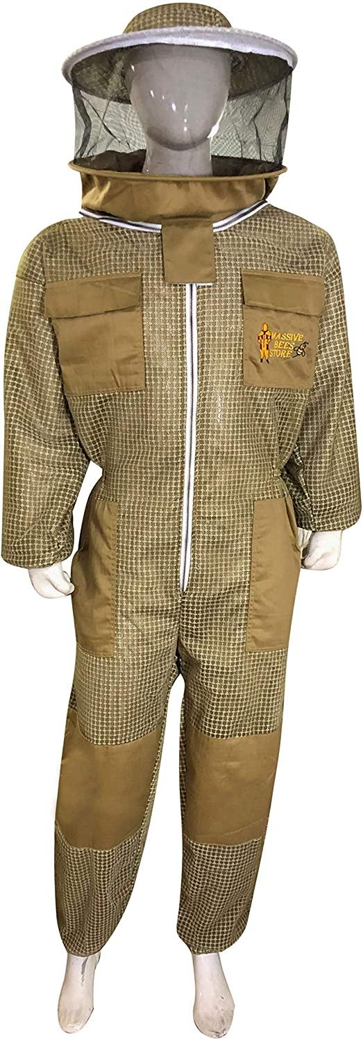 massive bee store beekeeping three layer fully ventilated suit with different option of veil fencing veil or round veil and suit colors (l, khaki round veil)