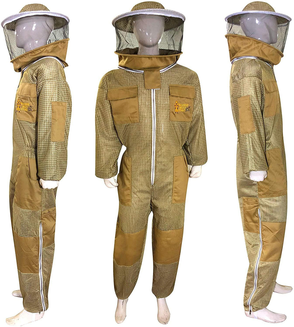massive bee store beekeeping three layer fully ventilated suit with different option of veil fencing veil or round veil and suit colors (l, khaki round veil)
