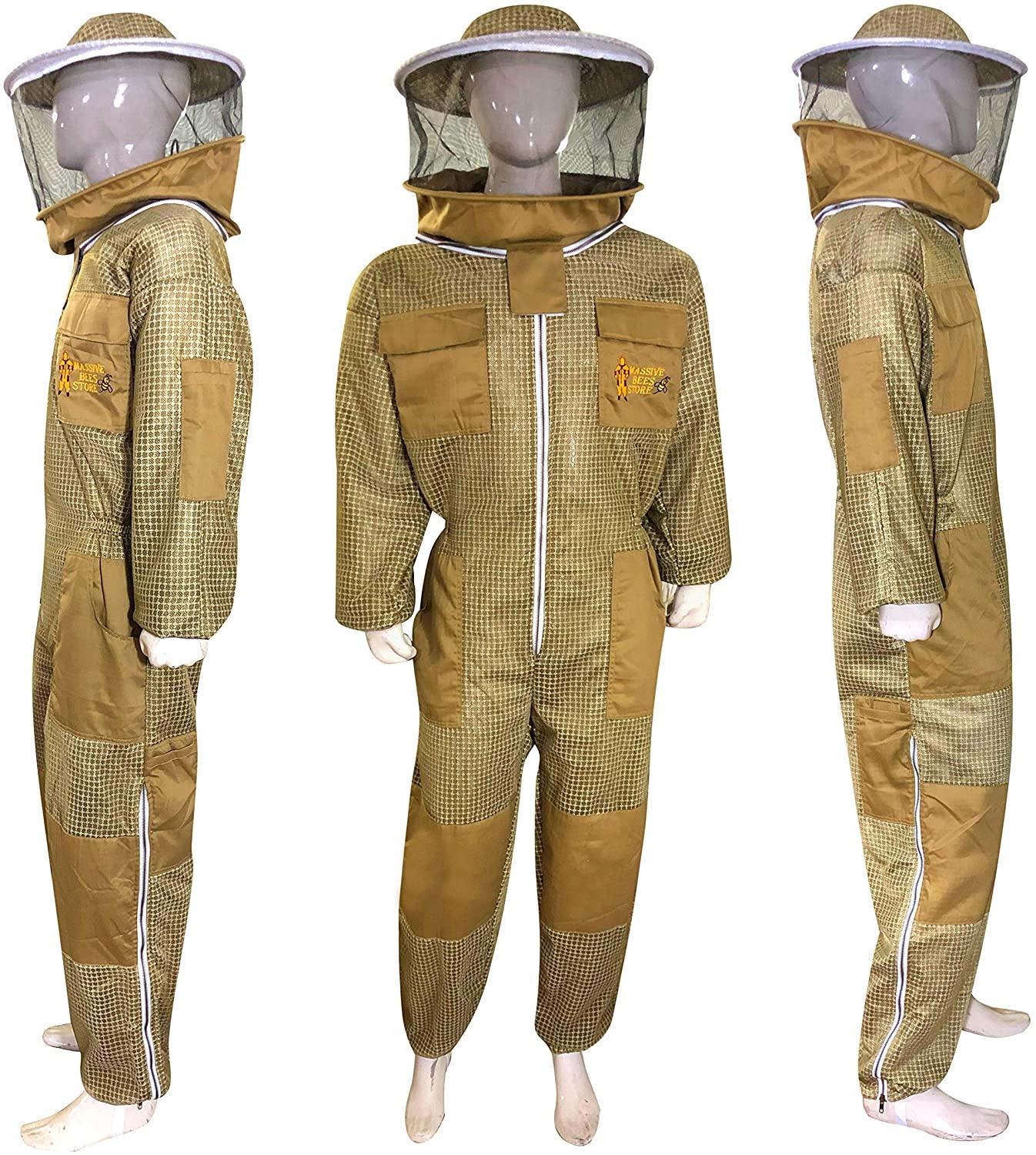 massive bee store beekeeping three layer fully ventilated suit with different option of veil fencing veil or round veil and suit colors (l, khaki round veil)