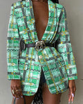 long sleeve single button scarf print blazer coat