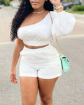 solid color one shoulder crop top &amp; shorts set
