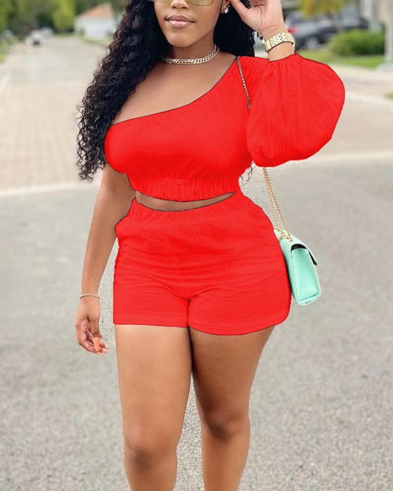 solid color one shoulder crop top &amp; shorts set
