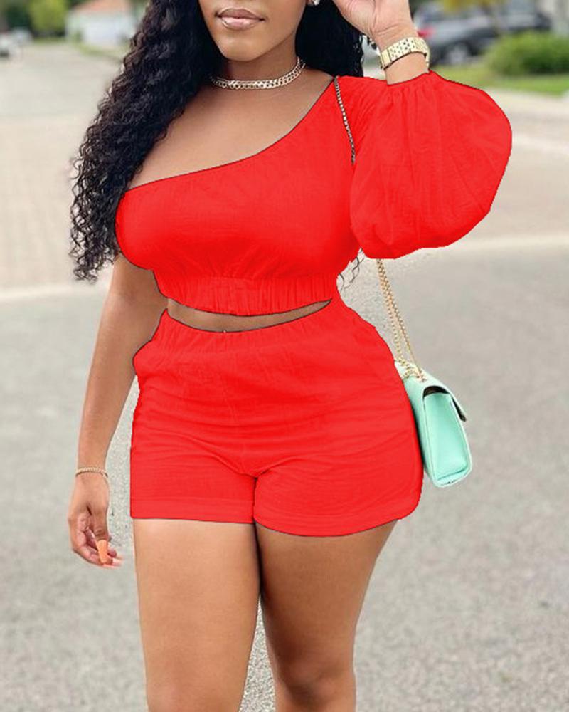 solid color one shoulder crop top &amp; shorts set
