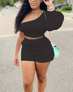 solid color one shoulder crop top &amp; shorts set