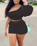 solid color one shoulder crop top &amp; shorts set