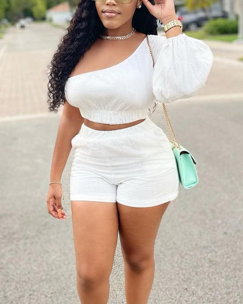 solid color one shoulder crop top &amp; shorts set