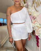 solid color one shoulder crop top &amp; shorts set