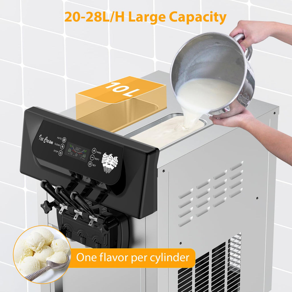 Commercial Ice Cream Machine, 2200W Soft Serve Maker, 3 Flavors | LCD Display, 5.3-7.4 Gal/H, Quiet Compressor, Self-Cleaning, Cone Holder，Ideal for Restaurant, Snack Bar, Cafe