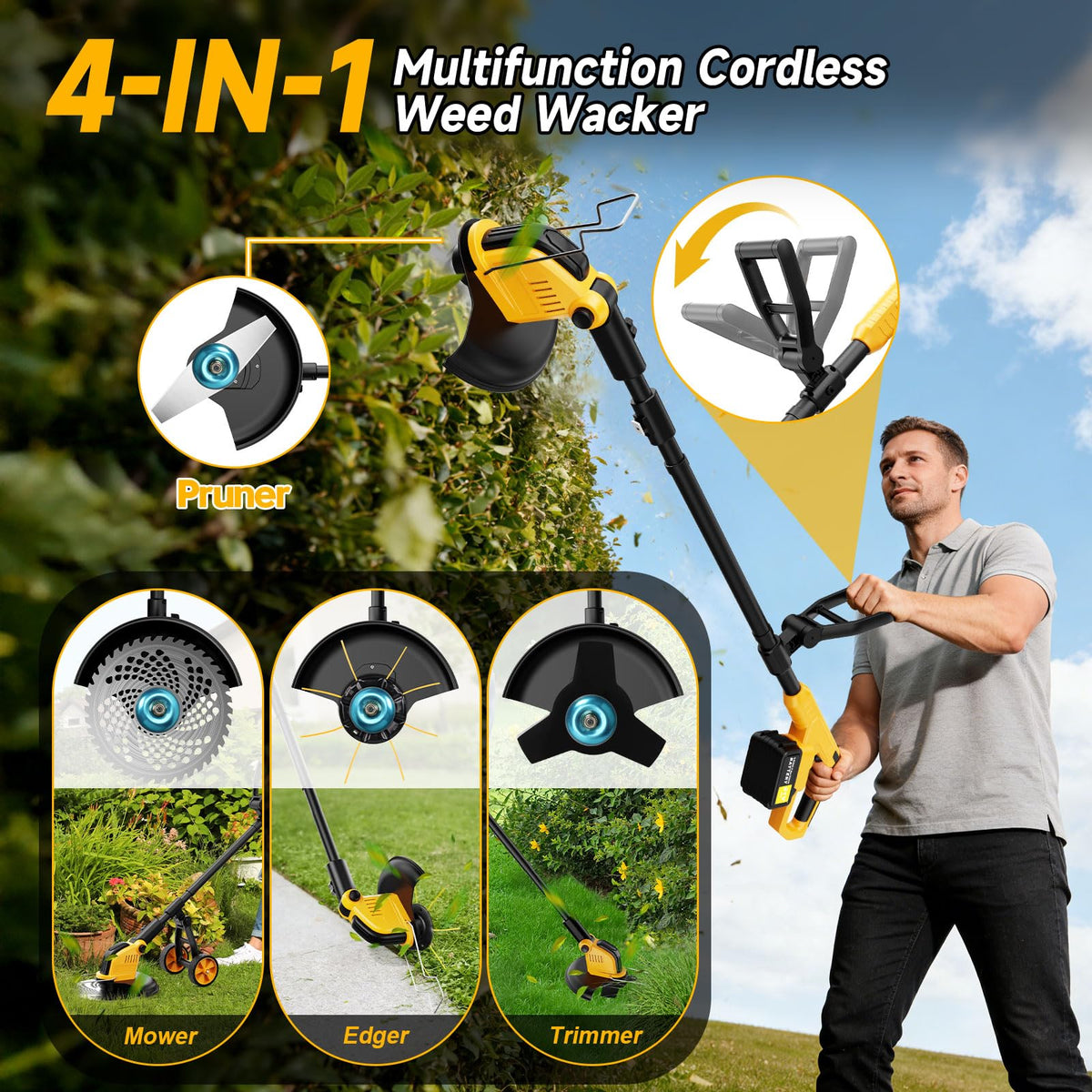 Brushless 6000mAh Cordless Weed Wacker Edger with Wheel, 4-in-1 Electric Weed Eater Battery Powered Brush Cutter, Grass Trimmer Stringless Weed Trimmer Lawn Mower Metal Blade Battery Charger