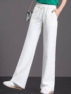 Womens Solid Color Elastic Waist Wide-leg Pants