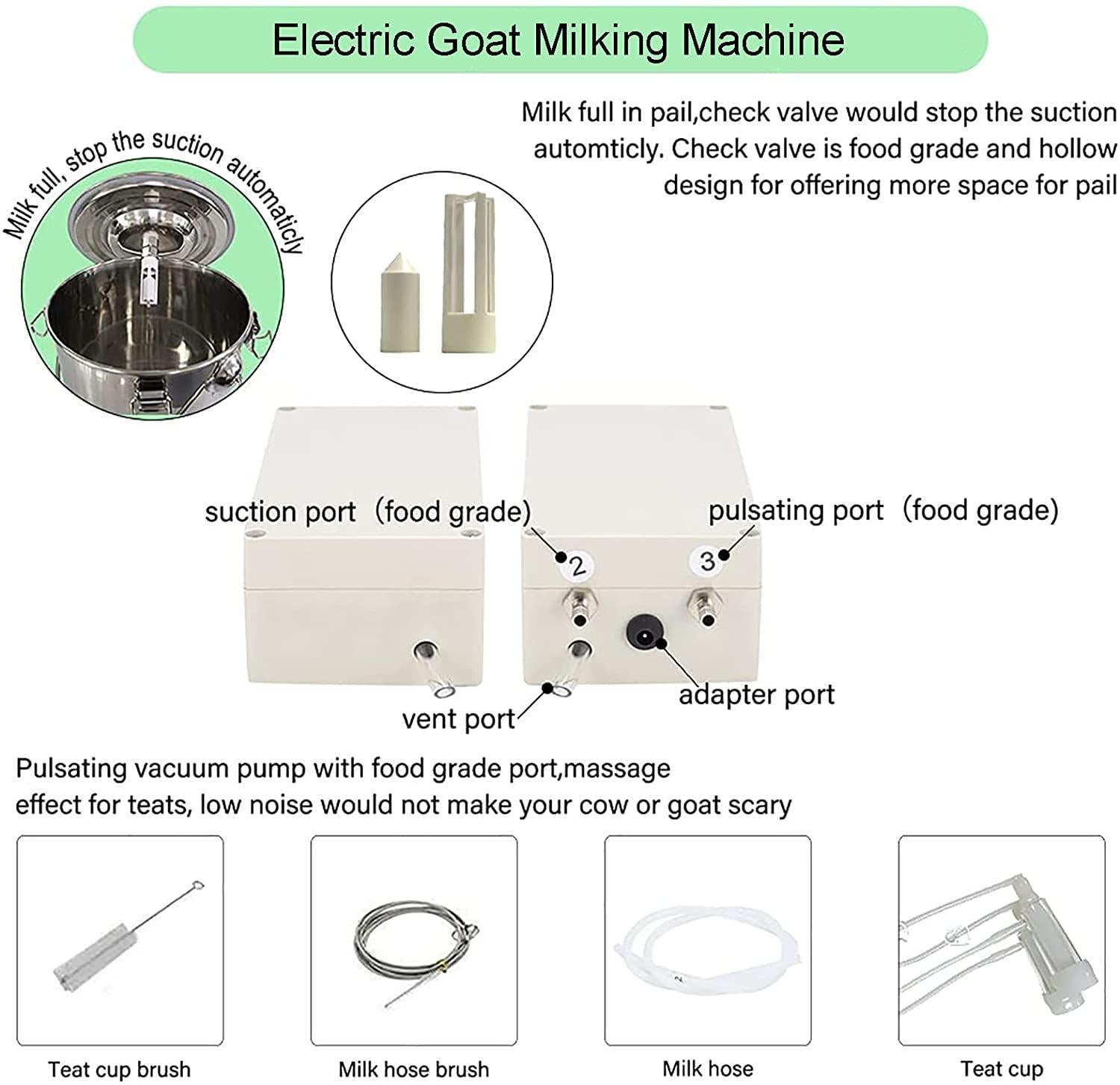 huidazhou milking supplies with stainless steel bucket for goats, electric pulsation milking machine, vacuum pump milker for farm milking supplies for cows cattle or sheep,7l