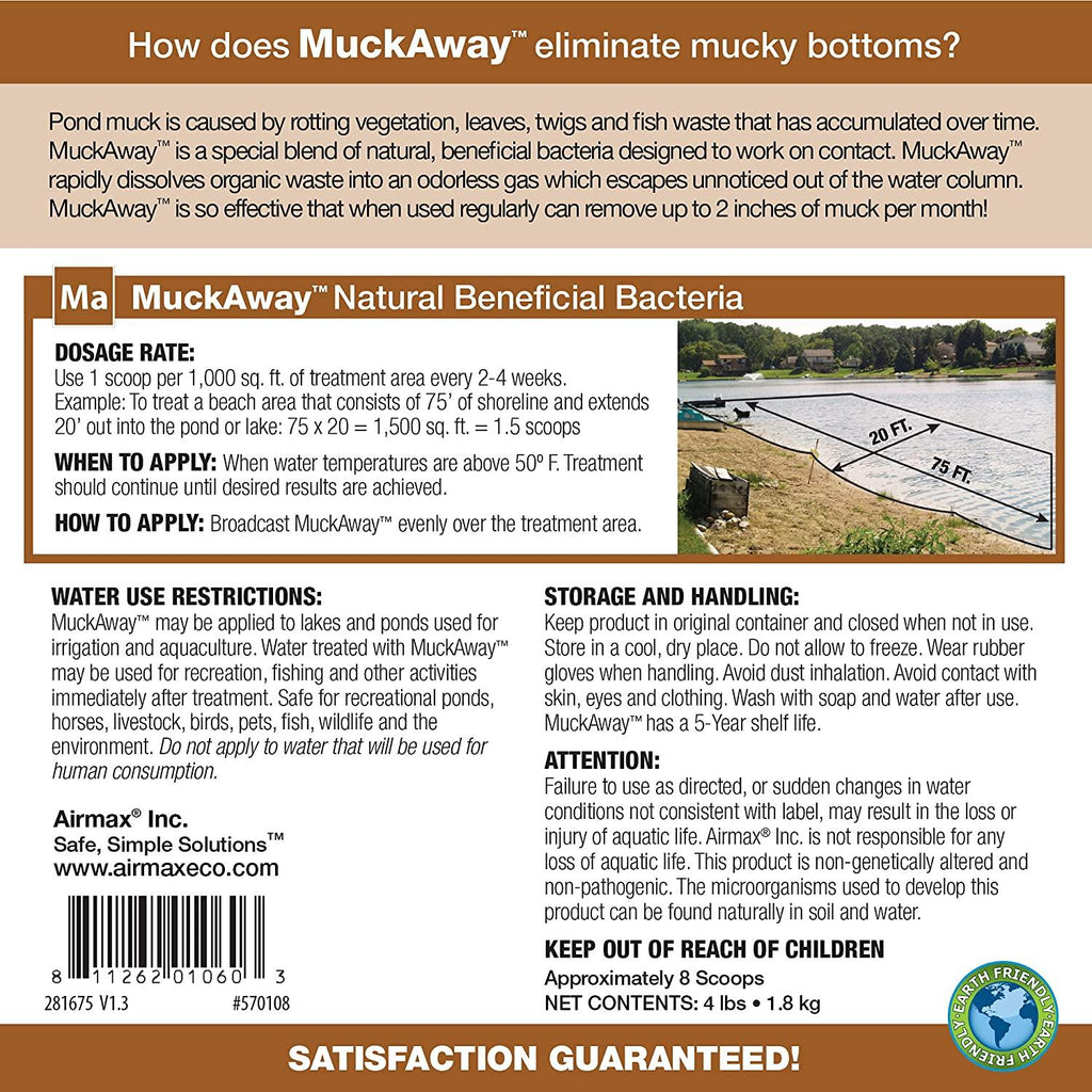airmax muckaway natural pond muck remover – safely clears muck and sludge from beaches and shorelines; fish, plant and wildlife friendly – 6 month supply, 16 scoops