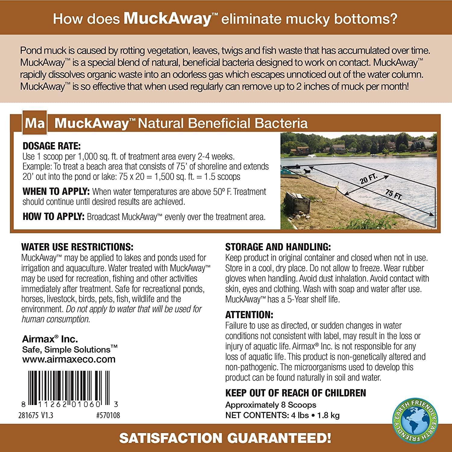 airmax muckaway natural pond muck remover – safely clears muck and sludge from beaches and shorelines; fish, plant and wildlife friendly – 6 month supply, 16 scoops